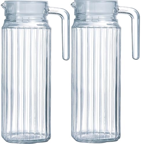 TIINER Fridge Jug 1L Glass Water Jug with Lid (2 Pack) - Clear Water Pitcher with Ribbed Glass Jug Design & Handle for Fridge Shelf & Everyday Use wit