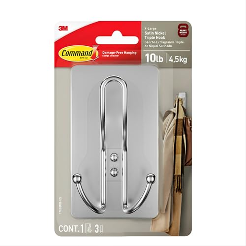 Command X-Large Satin Nickel Triple Hook 1 Hook 3 Strips Damage-Free
