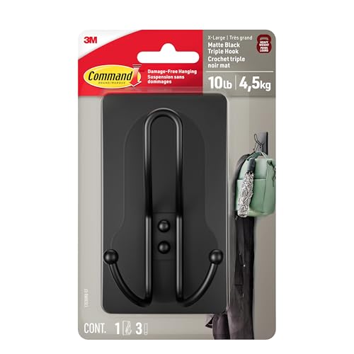 Command X-Large Matte Black Triple Hook, 1 Hook, 3 Strips, Damage-Free Hanging Wall Hooks with Adhesive Strips, No Tools Wall Hooks for Hanging Decorations in Living Spaces