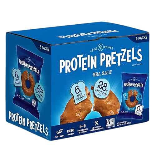Crisp Power Protein Pretzels, Sea Salt, High Protein Vegan Keto Snack, 28 G Plant Based Protein, Low Carb Crunchy Pretzel Snacks, Sugar Free, No Seed Oils, 1.75 oz Bags, 6 Pack