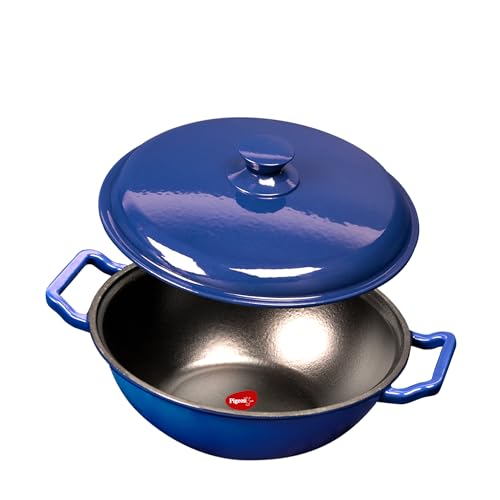 Pigeon By Stovekraft Cast Iron Kadai with Cast Iron Lid | Medium, 24 Cm | Enamel Coated | Luxurious Mirror Finish | Toxin-Free | High Pressure Casting