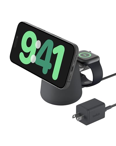 Belkin 2-in-1 MagSafe Wireless Charging Dock 15W Fast Charge iPhone Charger Compatible with iPhone 17, 16, 15, and 14 Series, AirPods, Pixel 10, and Other MagSafe Enabled Devices, PSU Included - Black