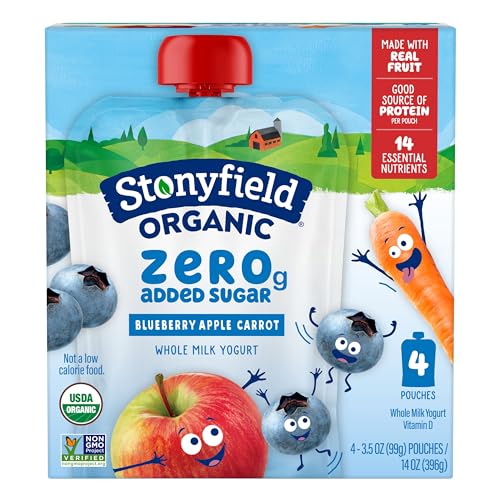 Stonyfield Organic Kids Zero Grams Added Sugar Blueberry Apple Carrot Whole Milk Yogurt, 3.5 oz Pouches, 4 ct Pack