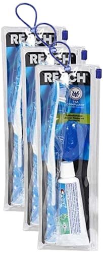 Reach Ultraclean Travel Kit Toothbrush with Toothbrush Cap and Toothpaste, Multi-Angled, Soft Bristles, TSA-Airport Friendly, Resealable, Portable and Reusable Bag (Pack of 3)