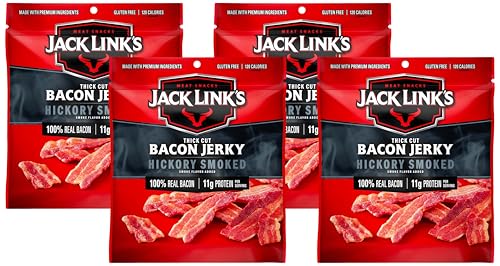 Jack Link's Bacon Jerky, Hickory Smoked - Flavorful Ready to Eat Meat Snack with 11g of Protein per Serving, Made with 100% Thick Cut Real Bacon, Protein Snack, Keto Friendly, 2.5 oz. (Pack of 4)