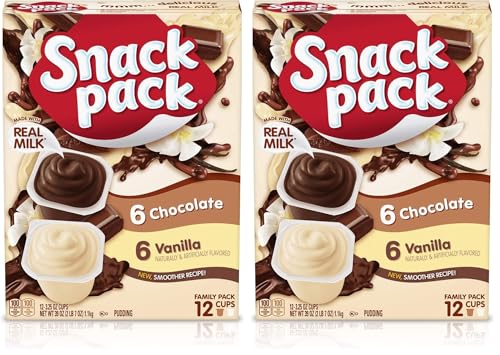 Snack Pack Chocolate and Vanilla Flavored Pudding Cups Family Pack, 12 Count Pudding Cups (Pack of 2)