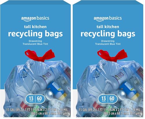 Amazon Basics Blue Recycling Trash Bags, Unscented, 13 Gallon, 60 count (Pack of 2)