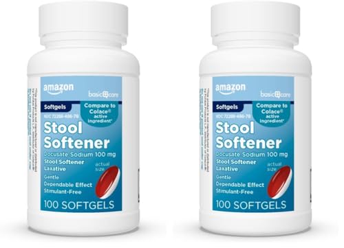 Amazon Basic Care Stool Softener Laxative, Docusate Sodium 100 mg, Softgels, for Constipation Relief, 100 Count (Pack of 2)