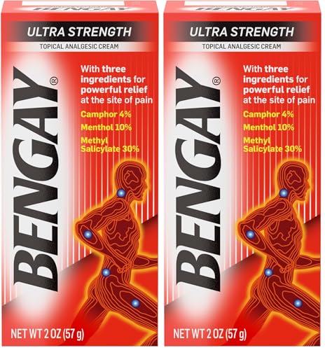 Bengay Ultra Strength Topical Pain Relief Cream, Non-Greasy Analgesic for Minor Arthritis, Muscle, Joint, and Back Pain, Camphor, Menthol & Methyl Salicylate, 2 oz Packaging May Vary (Pack of 2)