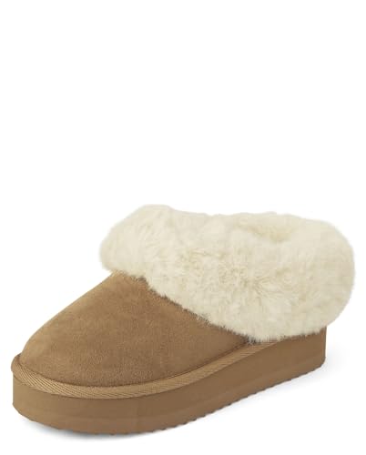 The Children's Place,Girls Indoor/Outdoor Comfy Slip On Platform Shoes, Faux Fur Lined,Tan,Little Kid,12