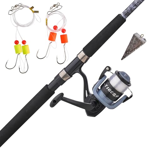 Shakespeare Tiger Surf Spinning Reel and Fishing Rod Combo with Bottom Float Rig, 9' 2-Piece Fishing Rod, Tubular Fiberglass Rod Blank Construction, Comfortable and Durable EVA Handle