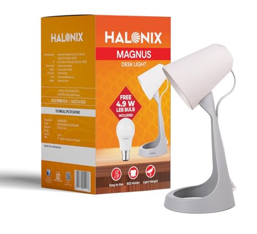 Halonix PolycarbonateMagnus Desk Light | with 4.9W Led Bulb | B22 Holder | Light Weight | Easy to use Study lamp | Designer Study | with Fixed Head la