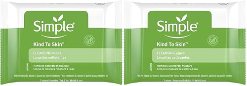 Simple Kind to Skin Facial Cleansing Wipes Cleanser & Makeup Remover Cleansing Removes Waterproof Mascara 7 Wipes (Pack of 2)