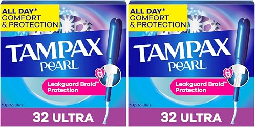 Tampax Pearl Tampons Ultra Absorbency with Leakguard Braid, Unscented, 32Count (Pack of 2)