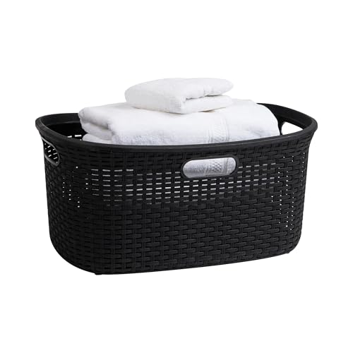 Mind Reader 40L Laundry Basket, Clothes Hamper, Premium Wicker Design, Plastic, Black
