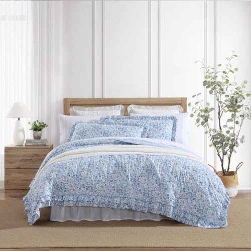 Laura Ashley - Quilt Set, Super Soft Bedding with Matching Shams, Casual Home Decor (Quartet Ruffled Blue, Queen)