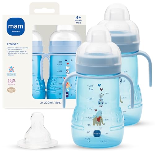 MAM Trainer Sippy Cup for Toddlers 1-3, 8 oz. Transition Drinking Cup with Extra-Soft Spout, Spill-Free Nipple, and Non-Slip Handles, for boys 4+ Months, 2 Count