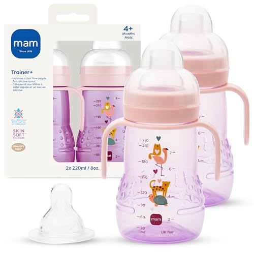 MAM Plastic Trainer Cup, Trainer Drinking Cup with Extra-Soft Spout, Spill-Free Nipple, and Non-Slip Handles, for Girls 4+ Months, Eight Ounces