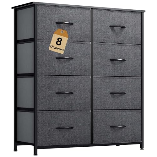YITAHOME Dresser for Bedroom, Double Dresser with 8 Drawers, Storage Tower with Fabric Bins, Chest of Drawers for Closet & Living Room (Black Wood Grain)