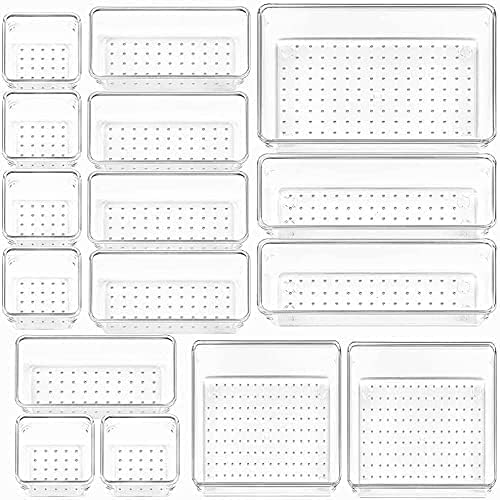 Arto Clear Transparent Acrylic Drawer Organizer Set with Various Size for Bathroom,Bedroom Dresser,Cosmetics Makeup,Kitchen Utensil,Office,Stationery,