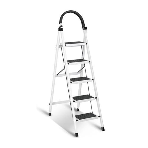 Sulfar Foldable 5-Step Ladder With Wide Anti-Slip Pedal - Sturdy Steel Folding Step Stool for Home, Kitchen, Garden, Office - Adults