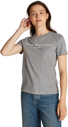 (-59%) Tommy Hilfiger Damen T-Shirt Kurzarm Logo Rundhalsausschnitt, Grau (Mid Grey Heather), XXS