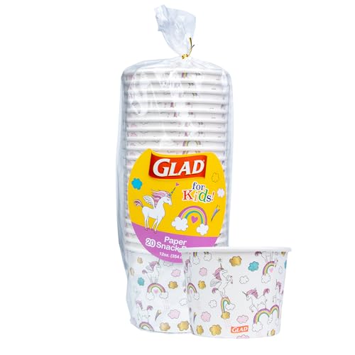 Glad for Kids Unicorns Paper Snack Bowls, Lids Not Included - Heavy Duty, Microwavable, Disposable Snack Cups with Lid for Soup or Ice Cream, 12 Ounce, 20 Count