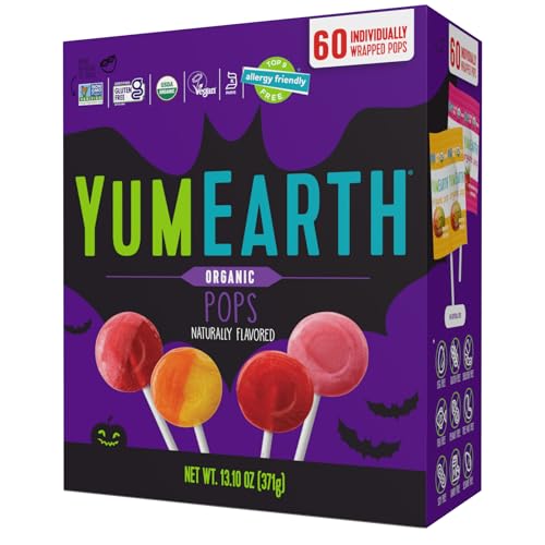 YumEarth Organic Halloween Pops Variety Pack, 60 Fruit Flavored Favorites Lollipops, Allergy Friendly, Gluten Free, Non-GMO, Vegan, No Artificial Flavors or Dyes