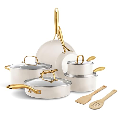 GreenPan 12 Piece Nonstick Swift Cookware Set, Ceramic PFAS-Free Pots & Pans with Lids, Dishwasher & Oven/Broiler Safe to 600F, Kitchen Cooking Set, Sauce, Saute, Stock, Frying Pans, Cream