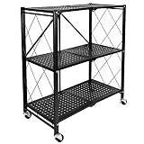 YSSOA — YSSOA 3-Tier Heavy Duty Foldable Metal Rack Storage Shelving Unit with Wheels Moving Easily Organizer Shelves Great for Garage Kitchen, Black