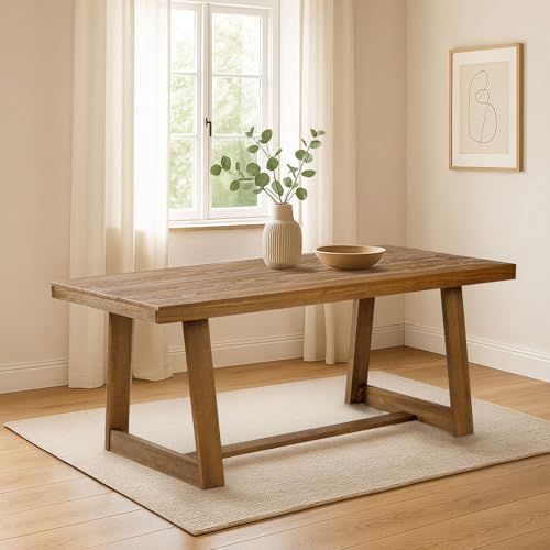 Plank+Beam 72 Inch Farmhouse Dining Table, Solid Wood Rustic Kitchen Table, Large Wooden Rectangular Dinner Table for Dining Room, Home Office, Living Room Furniture, Easy Assembly, Pecan Wirebrush