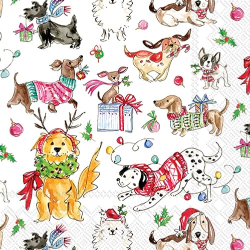 IHR Ideal Home Range Holiday Pets Napkins Rosanne Beck - Disposable 3-Ply Paper Party Napkin Pack, Cocktail Size 5" x 5", Christmas Dogs, 20-Count