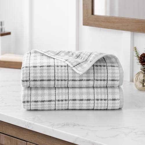 Martha Stewart Lodge Plaid Holiday Decor Jacquard 525 GSM 100% Cotton Bath Towels - Set of 2, Gray/White, 2 Reversible Christmas Bath Towels