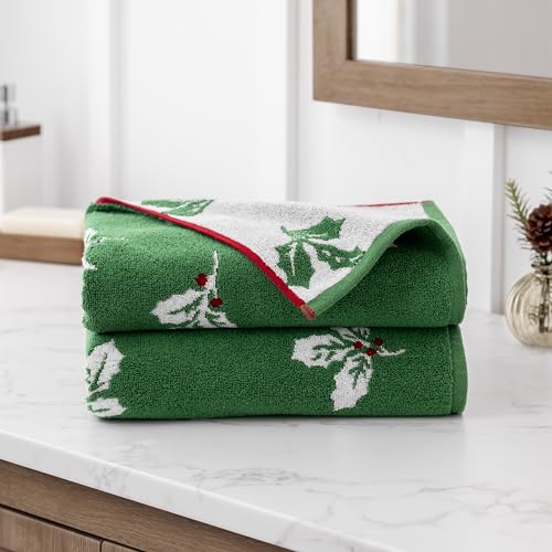 Martha Stewart Boughs of Holly Floral Holiday Jacquard 525 GSM 100% Cotton Bath Towels - Set of 2, Red/Green/White, 2 Reversible Traditional Christmas Decor Bath Towels