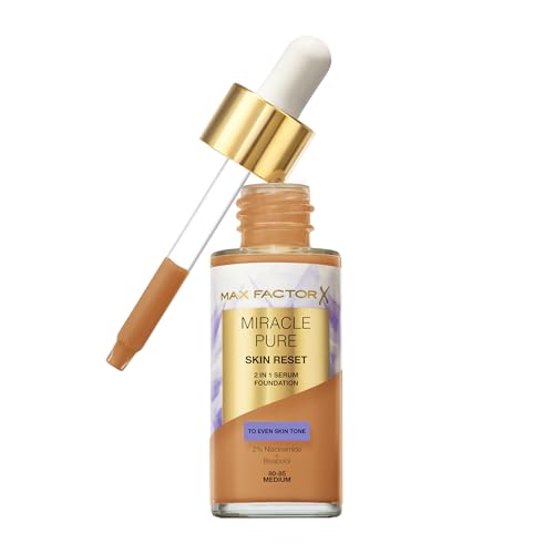 (-34%) Max Factor Miracle Pure Skin Reset Foundation, 2-in-1 Serum und flüssige Foundation, natürliche Deckkraft mit mattem Finish, Reset-Komplex, Fb. 80-85 Medium