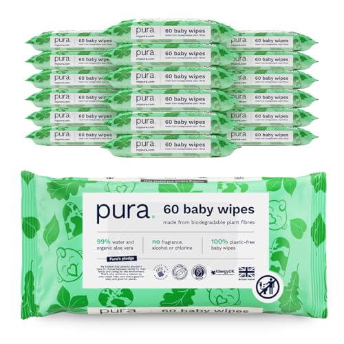 Pura Baby Wipes - 18 x 60 Wipes (1080 Total) - 100% Plastic Free, 99% Water, Biodegradable, Compostable, Vegan, Suitable for Sensitive & Eczema-Prone Skin - Allergy UK Certified