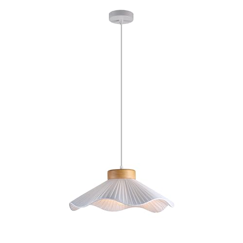 Lexi Lighting Seraphina Pendant Light, Small White Pleated Wave Fabric Lampshade, Wood...