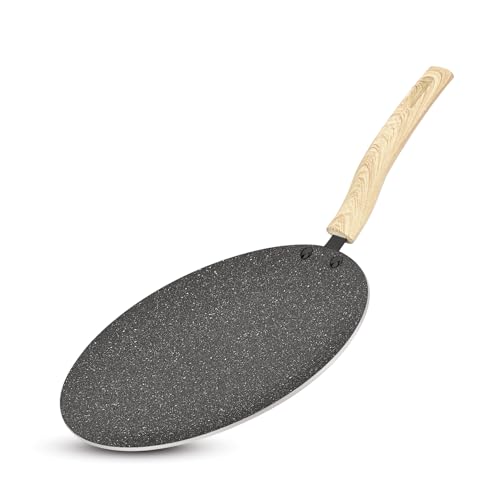 BERGNER Earth Black Non-Stick 26 cm Concave Roti Tawa, Wooden Finish Soft Touch Handle, 3mm Thickness, Even Heat Distribution, White Marble Splatter -