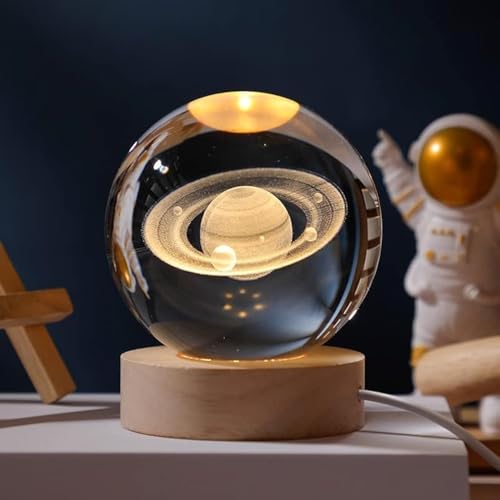 Desidiya 3D Saturn Crystal Ball Night Lamp, Crystal Ball Night Light, Corded Electric Table Colorful LED 2.4 Inch Wooden Base Lamp for Home Decoration