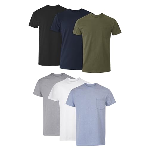Hanes Men's T-Shirt, Moisture-Wicking Cotton Crewneck Pocket Tees, 6-Pack, Grey Heather, Black, White, Navy, Blue Heather
