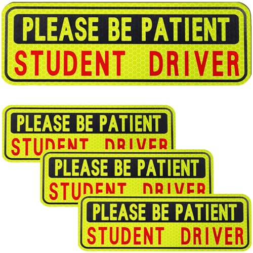 BFXM 4 PCS Student Driver Magnet for Car, Please Be Patient Funny Magnetic Student Driver, New Driver Safety Warning Bumper Sticker Signs, Reusable Movable Rookie Driver Reflective Magnets Stickers