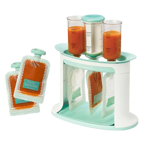 Infantino Squeeze Station, Baby Food Maker & Pouch Filler, Fill 3 Reusable Pouches at Once, Easy to Use, Dishwasher Safe, Homemade Baby Food Prep Essential, Teal