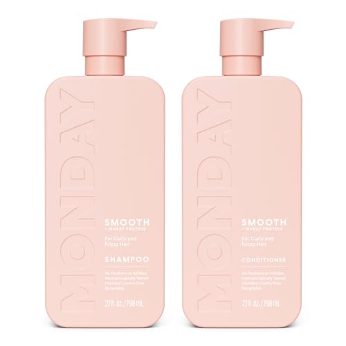 MONDAY HAIRCARE Smooth Shampoo + Conditioner Bathroom Set (2 Count) 27 oz Each For Frizzy, Coarse & Curly Hair Made with Coconut Oil, Shea Butter & Vitamin E 100% Recyclable Bottle Pink