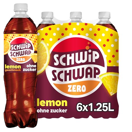 🔥 STARKER PREIS (-40%) SCHWIPSCHWAP Lemon Geschmack ohne Zucker - Koffeinhaltiges Cola-Erfrischungsgetränk mit Orange und Zitrone in Flaschen, EINWEG (6 x 1.25 l)