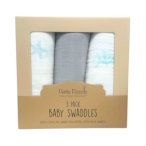 Petite Piccolo Baby Swaddle Blankets, 100% Cotton, Soft and Breathable, For Baby, 120cm x 120cm, Pack of 3 - Assorted