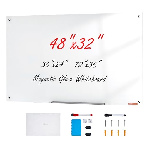VEVOR Magnetic Glass Whiteboard, Dry Erase Board 48"x32", Wall-Mounted Large White...