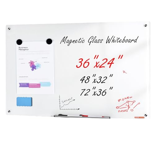 VEVOR Magnetic Glass Whiteboard, Dry Erase Board 36"x24", Wall-Mounted Large White...