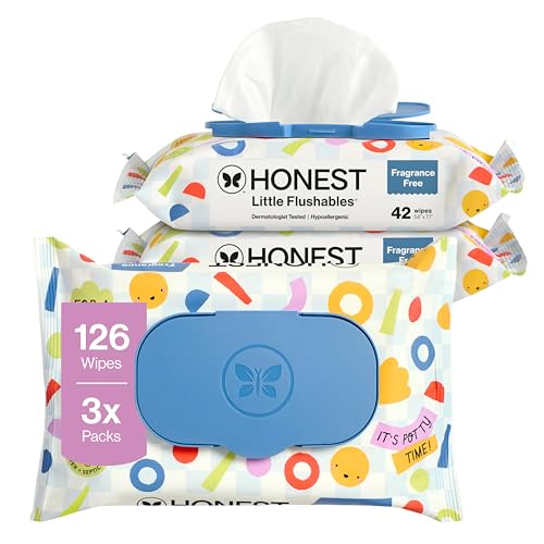 The Honest Company Plant-Based Toddler Flushable Wipes, 99% Water Hypoallergenic EWG Verified Wipes for Potty Training, Fragrance-Free and Safe to Flush, 126 Count