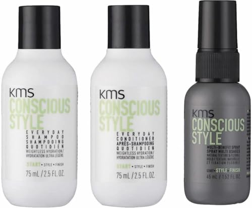KMS Conscious Style Travel Set with Shampoo 75ml, Conditioner 75ml, and Multi-Benefit Spray, 75ml