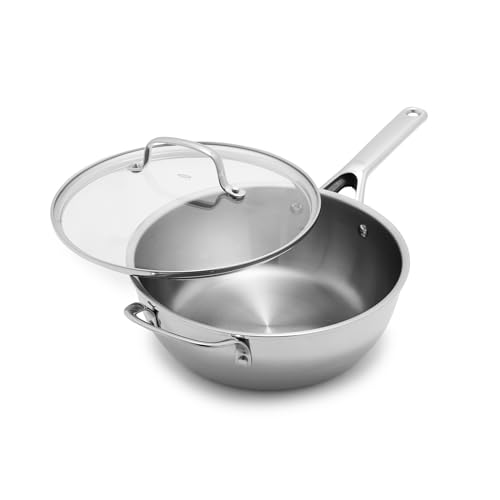OXO Agility 3.57QT Stainless Steel Chef’s Pan with Glass Lid, Tri-Ply Mulitclad Saucepan, Induction Suitable, Measurement Markings, Dishwasher & Oven Safe Kitchen Cooking Pot